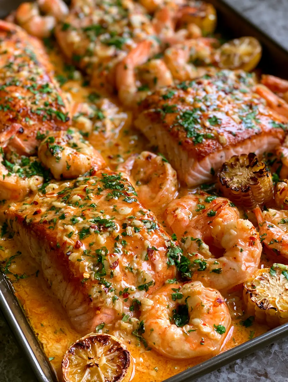 Southern Garlic Shrimp & Salmon with Cajun Butter 4 Close-up of succulent shrimp and charred salmon edges covered in minced garlic and red pepper flakes. (Southern Garlic Shrimp & Salmon)