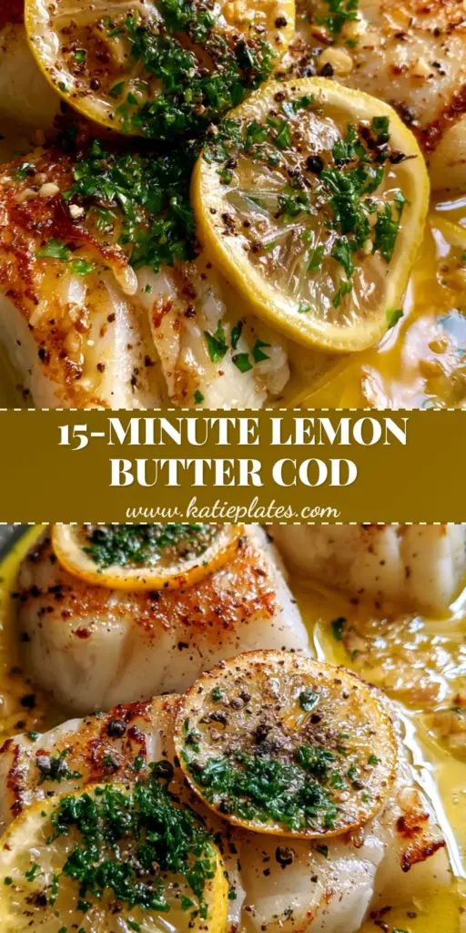 A Pinterest-style vertical shot showing thick, flaky lemon butter cod with a golden-brown crust and vibrant yellow sauce in a charcoal bowl.