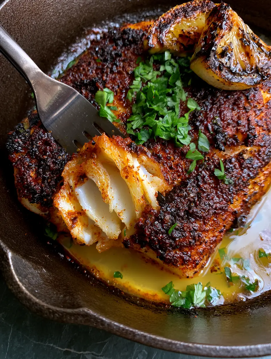 Top-down shot of a thick blackened cod recipe fillet in a seasoned skillet with charred lemons.