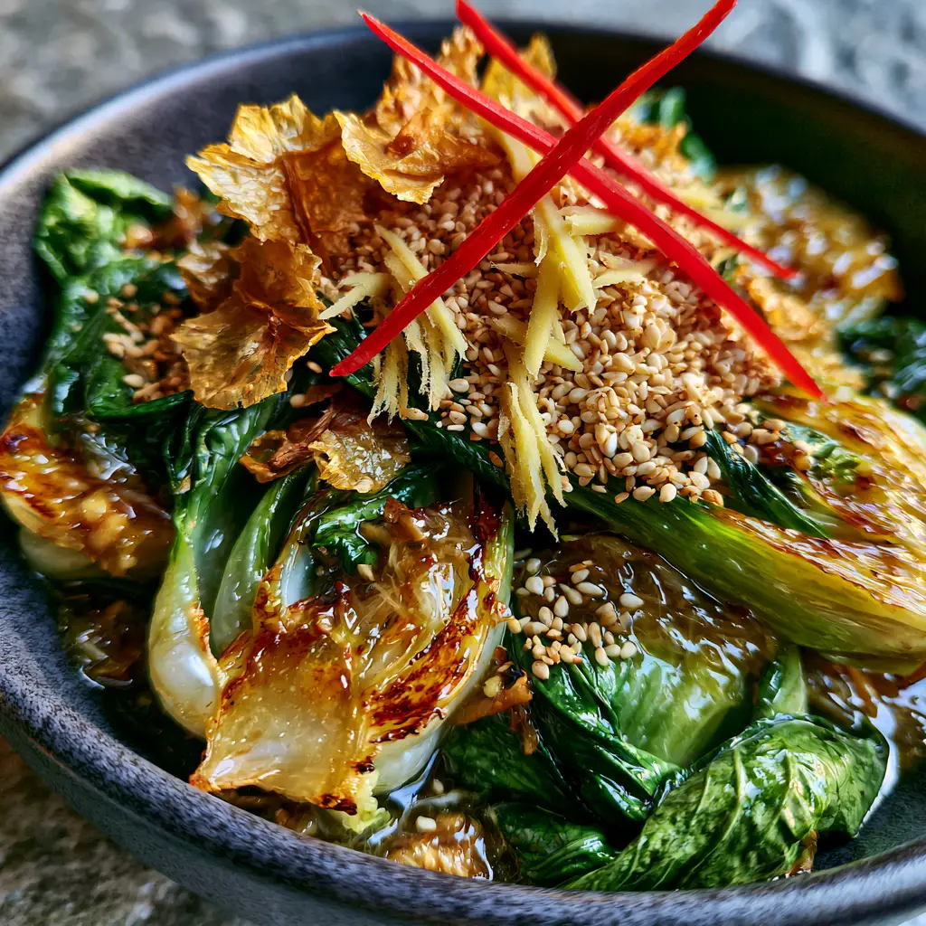 Macro shot of crispy garlic chips and julienned ginger over Stir-Fried Bok Choy.