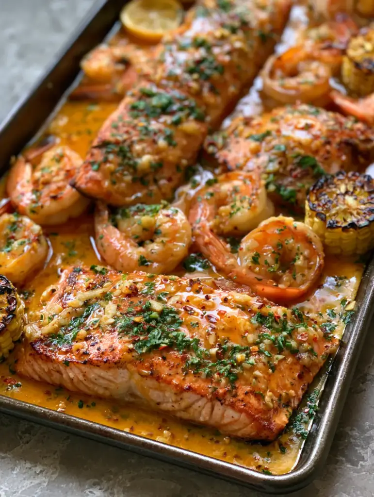 Southern Garlic Shrimp & Salmon with Cajun Butter 1 Side view of a sheet pan showing charred corn and lemon slices next to salmon drenched in orange Cajun sauce.