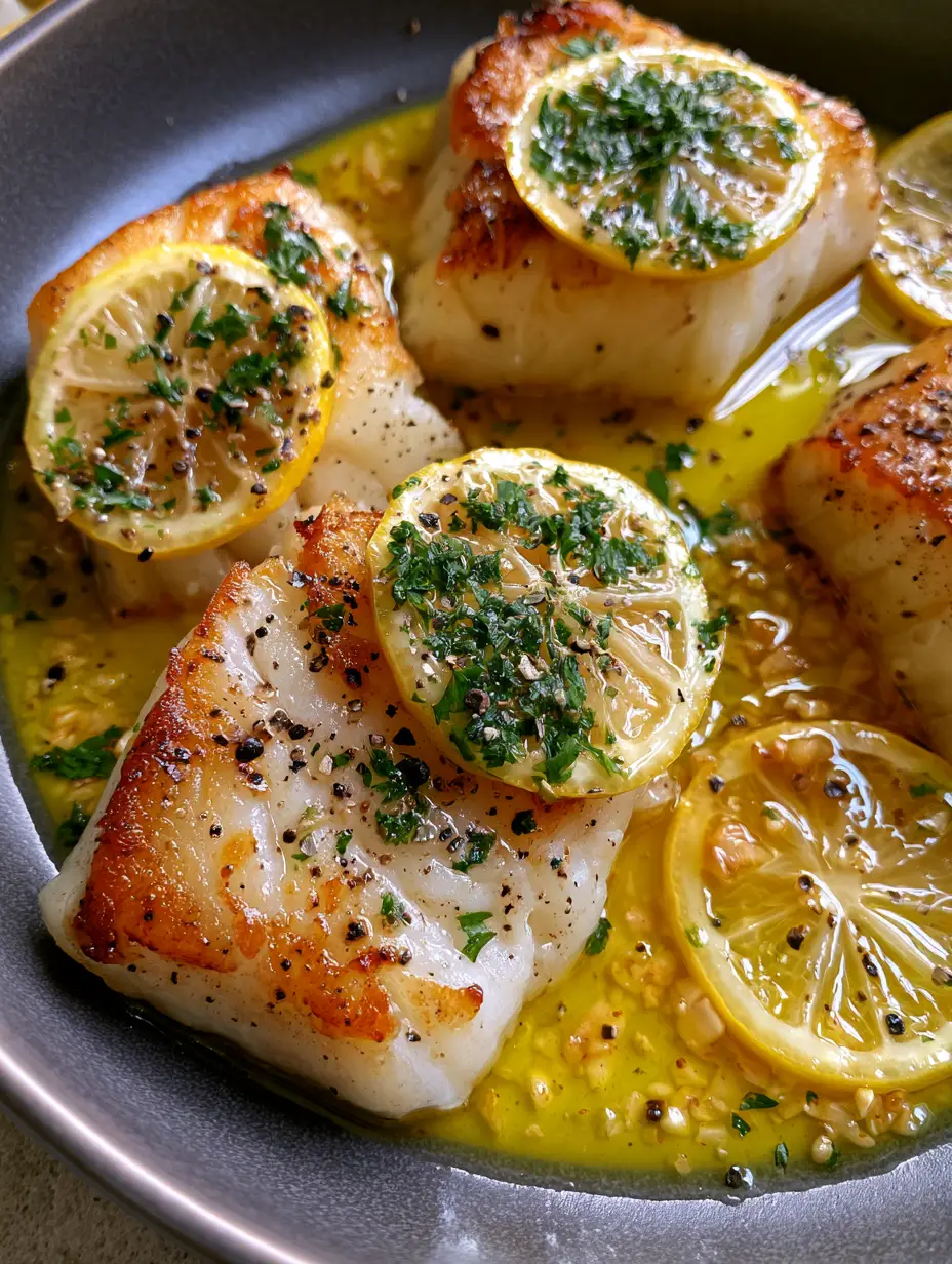 Macro top-down shot of pan-seared lemon butter cod showing the pearlescent white flakes and glossy garlic butter sauce.