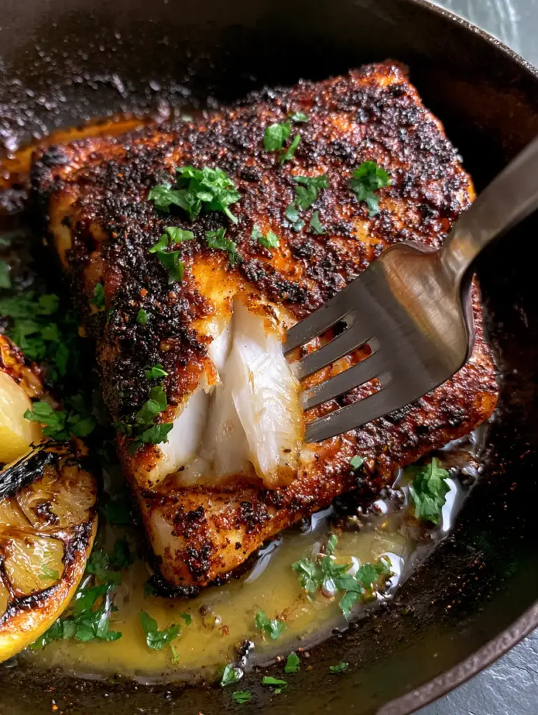 A fork flaking into the center of a blackened cod recipe fillet revealing steaming snow-white layers.