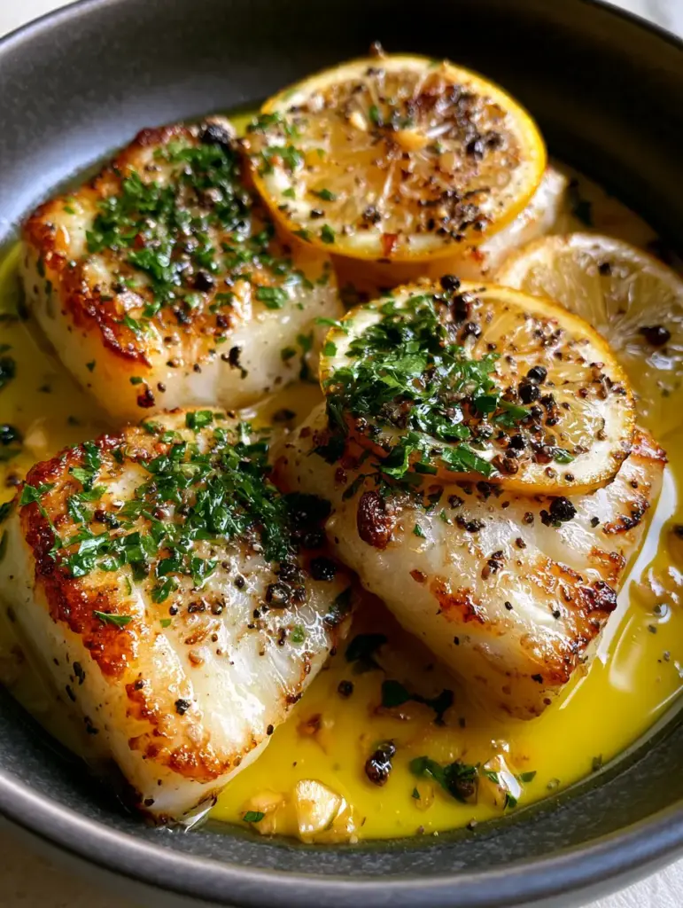 Close-up of golden-brown cod fillets garnished with paper-thin lemon rounds and fresh emerald green parsley.