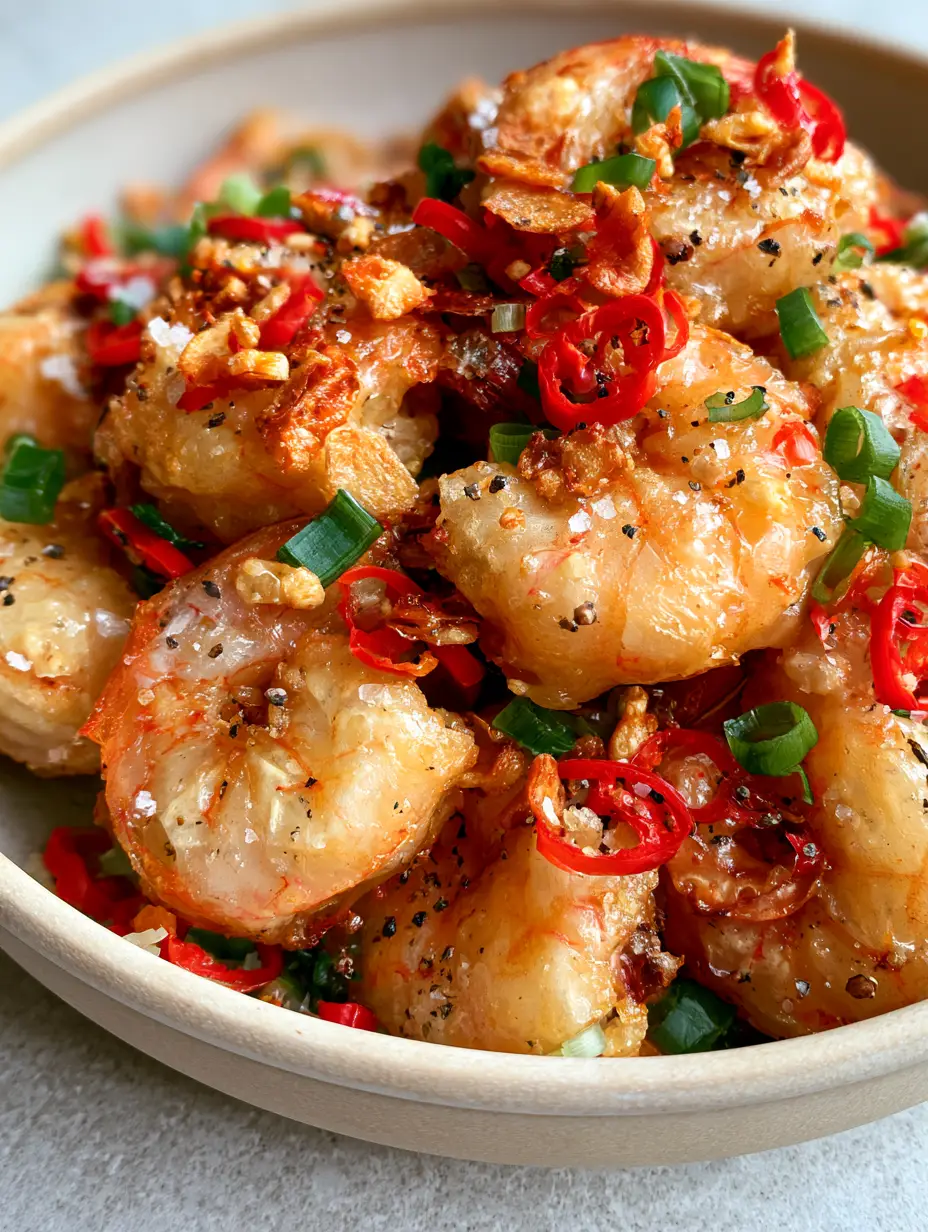 Chinese Salt & Pepper Prawns (Crispy Air Fryer Recipe) 4 Close up of air fried prawns showing the translucent cornstarch crust and visible sea salt flakes. (Chinese Salt & Pepper Prawns)
