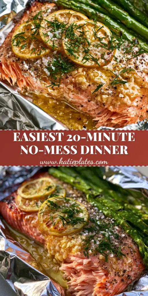 An overhead shot of an open grilled salmon foil packet featuring flaky pink salmon, garlic butter sauce, caramelized lemons, and charred asparagus spears garnished with fresh dill.