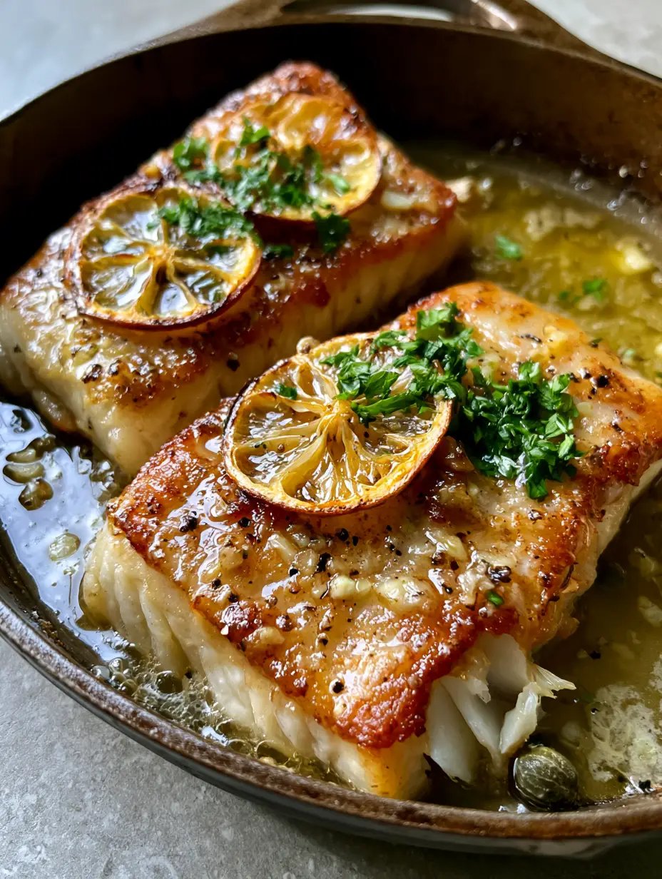 A close-up of thick pan fried haddock fillets showing a golden-brown crust and flaking white interior.