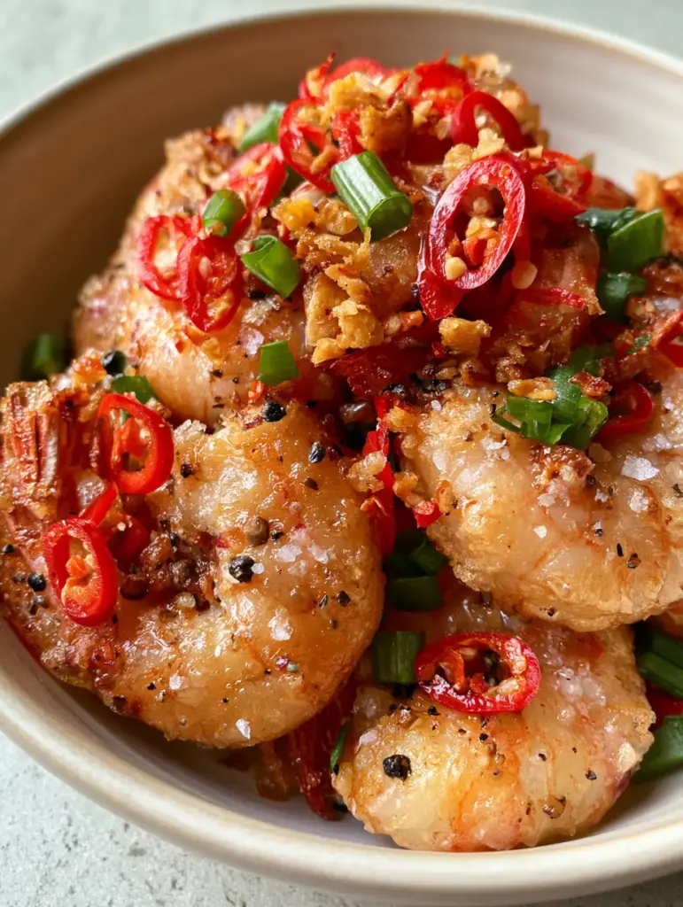 Chinese Salt & Pepper Prawns (Crispy Air Fryer Recipe) 1 Crispy prawns piled high in a ceramic bowl topped with toasted garlic and bright red chilies.