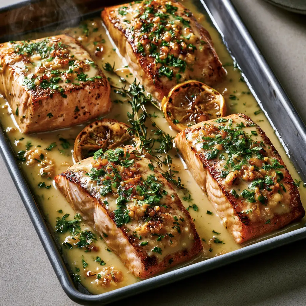 Baked salmon with lemon butter cream sauce: The Ultimate Gourmet Sheet Pan Dinner 1 Smartphone photo of sheet pan salmon with steam rising, featuring thick cream sauce, sautéed garlic, and fresh thyme sprigs.