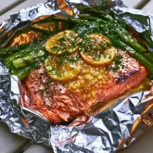Close-up of succulent pink salmon flaking apart in a crinkled foil packet with visible garlic butter and lemon slices. (grilled salmon foil packets)