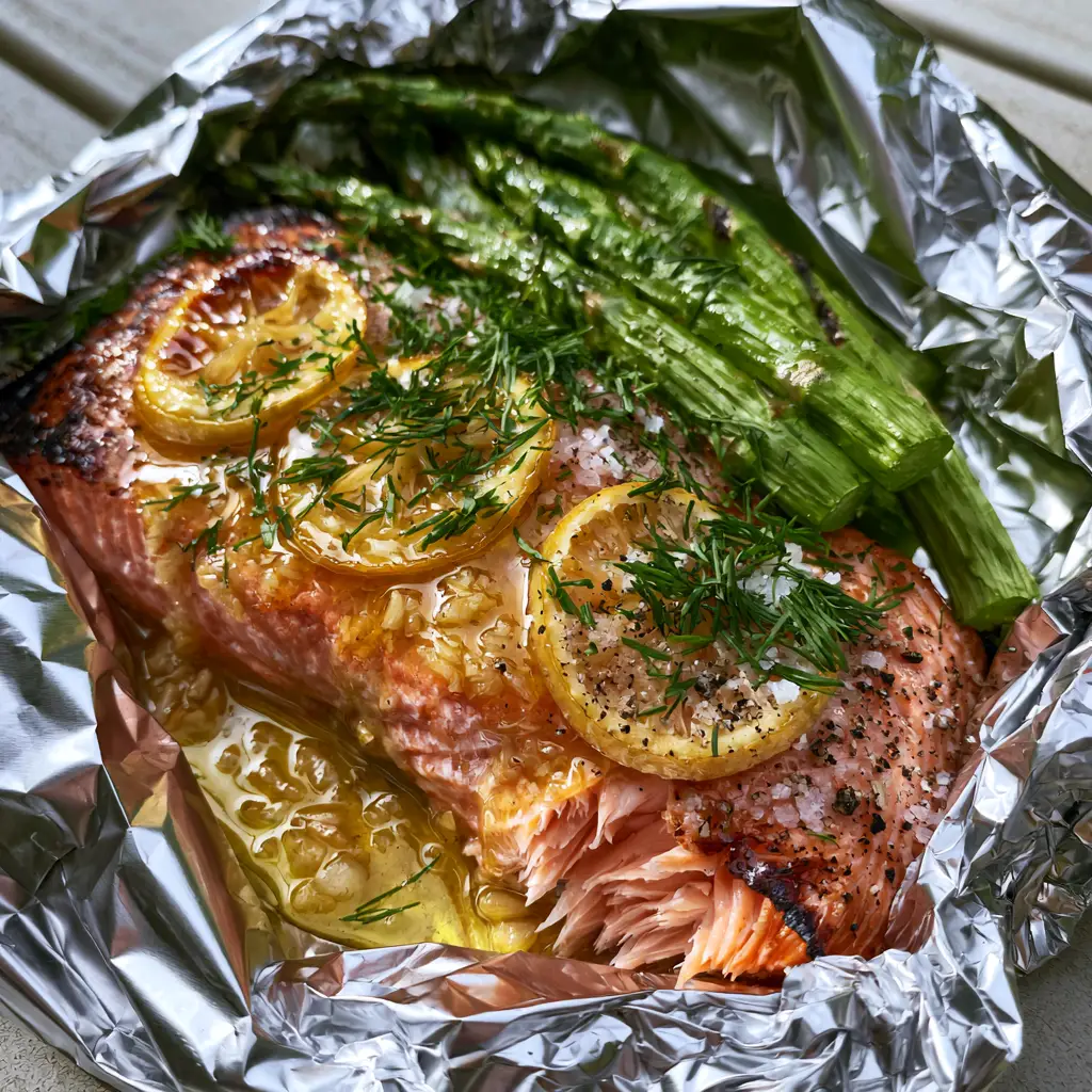 Grilled salmon foil packets showing charred asparagus and caramelized lemon rounds on a rustic wooden table.