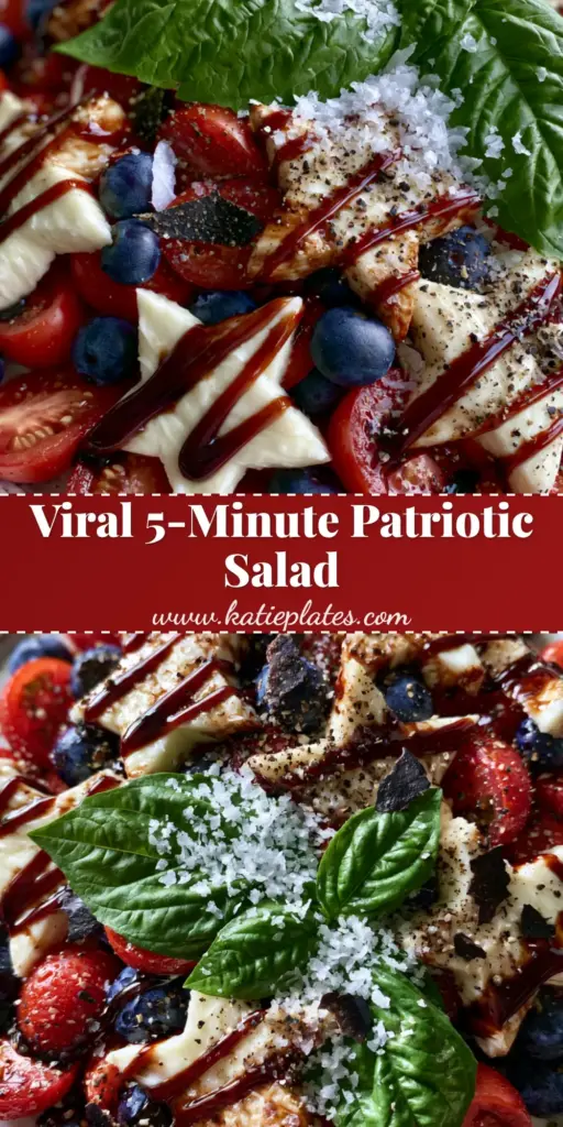Patriotic Caprese Salad: The Ultimate Red, White, and Blue Summer Appetizer 4 A vertical Pinterest-optimized shot of a patriotic caprese salad featuring star-shaped mozzarella and blueberries on a white platter.