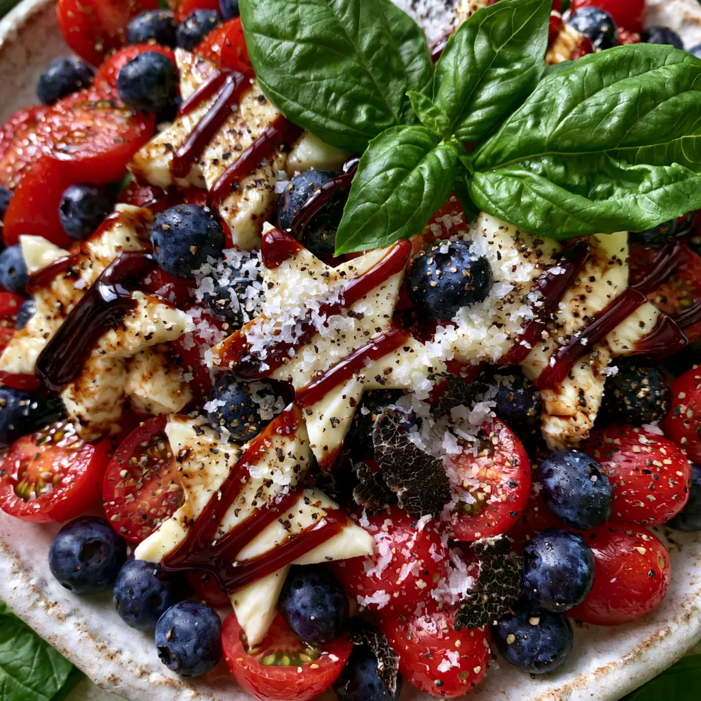 Extreme close-up overhead flat lay of patriotic caprese salad with glossy balsamic drizzle and star mozzarella.