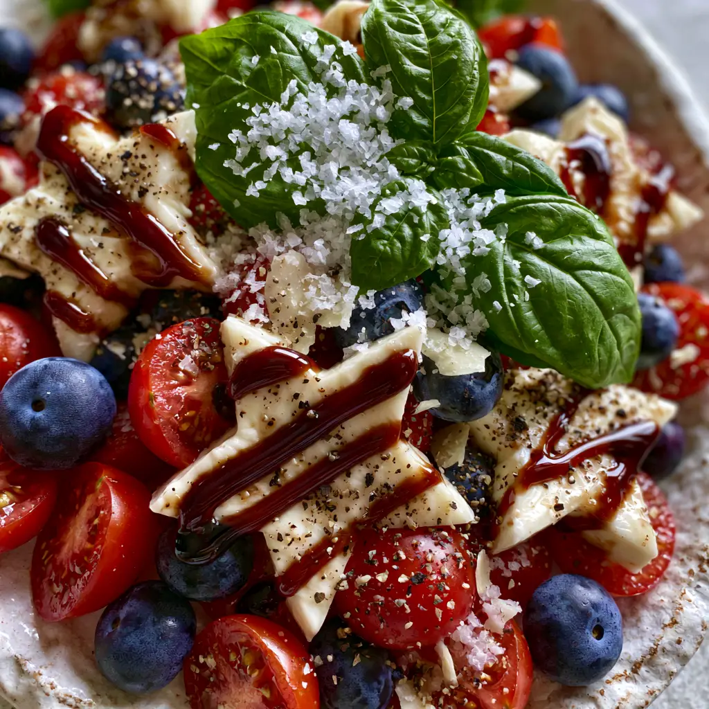 Patriotic Caprese Salad: The Ultimate Red, White, and Blue Summer Appetizer 1 Detailed view of fresh basil leaves and coarse sea salt on a patriotic caprese salad.
