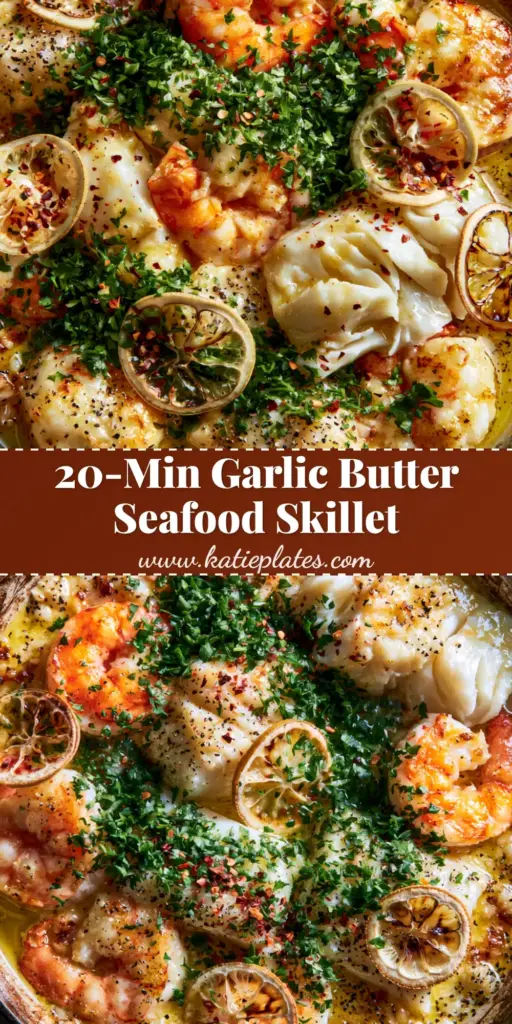 Garlic Butter Shrimp and Cod Skillet: The Ultimate 20-Minute Seafood Dinner 4 A top-down macro shot of a Garlic Butter Shrimp and Cod Skillet in a cast iron pan with charred lemons and parsley.
