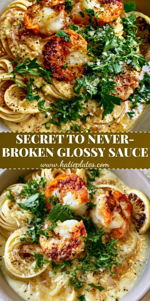 A top-down view of shrimp linguine with a glossy white wine sauce, garnished with parsley and parmesan, designed for Pinterest.