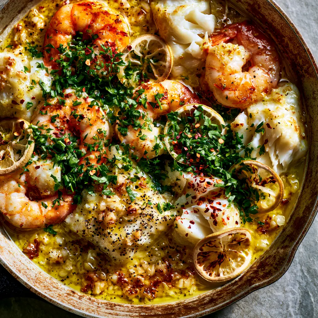 Garlic Butter Shrimp and Cod Skillet: The Ultimate 20-Minute Seafood Dinner 2 Close up of seared jumbo shrimp and flaky white cod chunks in a golden garlic butter sauce. (Garlic Butter Shrimp and Cod Skillet)