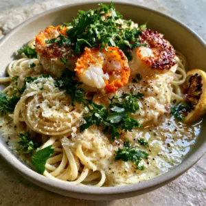 Close-up smartphone photo of glossy linguine drenched in a pale golden white wine sauce with cracked black pepper and butter-seared shrimp.