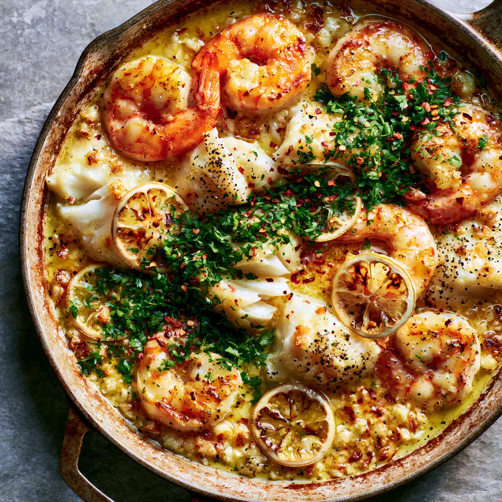 Garlic Butter Shrimp and Cod Skillet: The Ultimate 20-Minute Seafood Dinner 1 A seasoned cast iron skillet filled with shrimp, cod, browned garlic, and charred lemon slices. (Garlic Butter Shrimp and Cod Skillet)