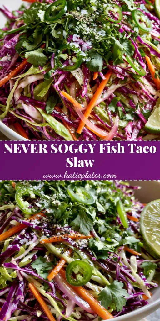 A vibrant bowl of fish taco slaw with purple cabbage, green cabbage, matchstick carrots, and serrano peppers topped with a lime-vinegar glaze.