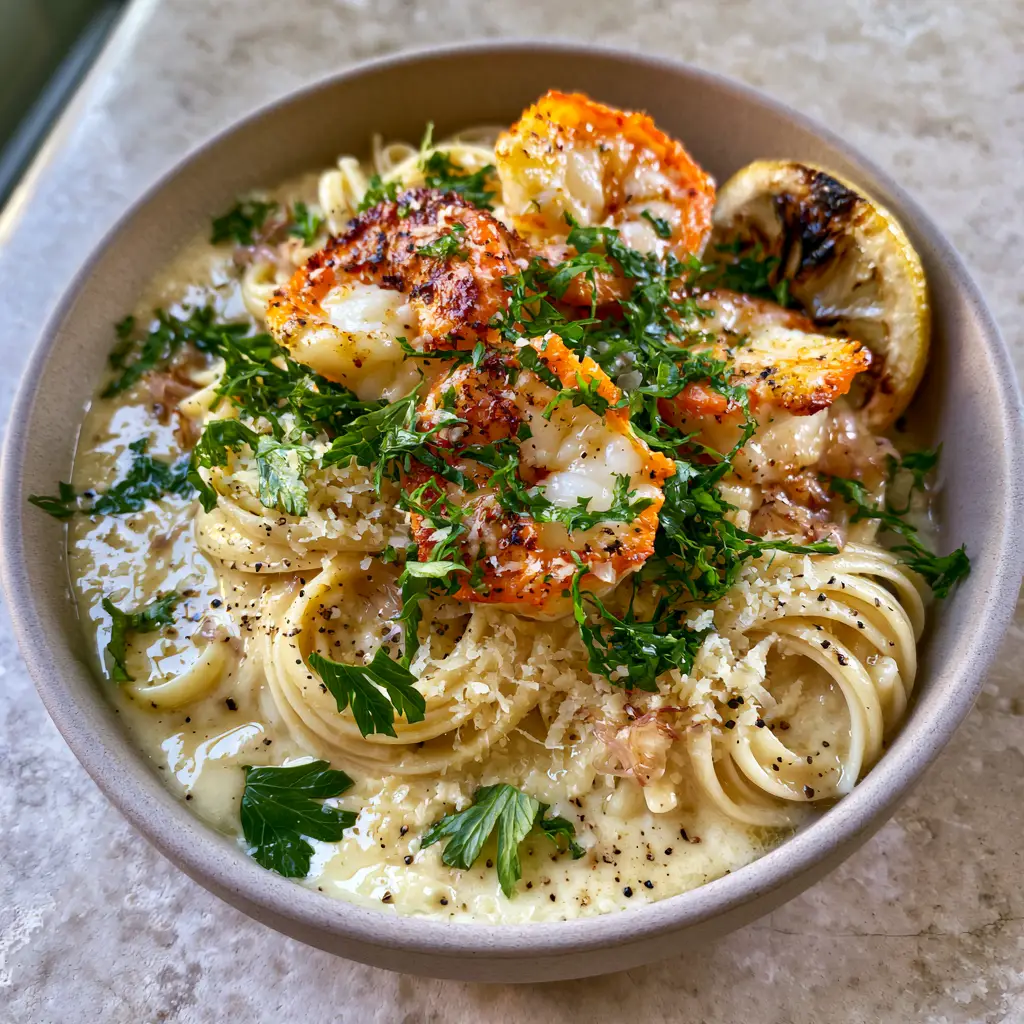 Linguine with white wine sauce, garnished with micro-planed parmesan and hand-torn parsley in a matte ceramic bowl.