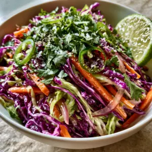 Macro photo of shredded red and green cabbage for fish taco slaw, showing the crunchy texture and cilantro garnish.