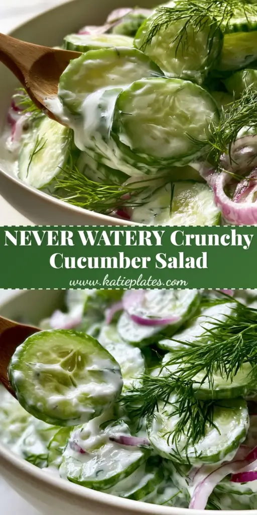 Cucumber Salad with Creamy Greek Yogurt and Fresh Dill 3 A close-up vertical shot of a creamy cucumber salad featuring thin green rounds and red onions in a yogurt dressing.