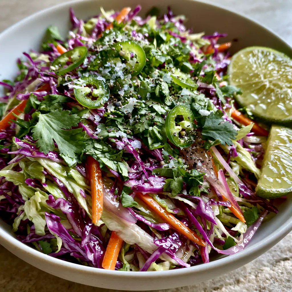A white ceramic bowl filled with fish taco slaw next to a fresh lime wedge with juice droplets.