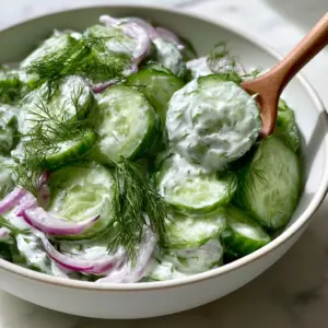 Macro photo of cucumber salad with translucent slices, glossy Greek yogurt, and fresh dill in a white bowl. (cucumber salad)