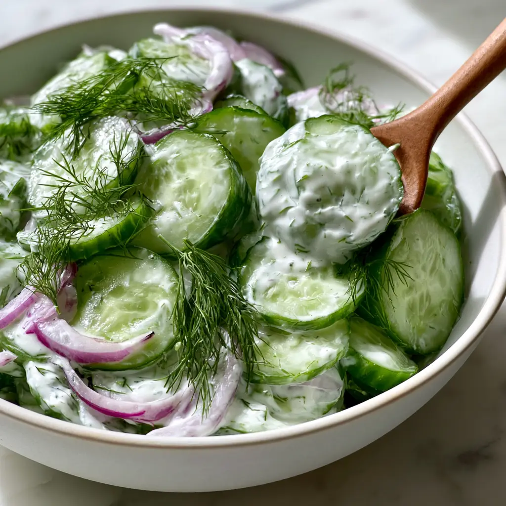Macro photo of cucumber salad with translucent slices, glossy Greek yogurt, and fresh dill in a white bowl. (cucumber salad)