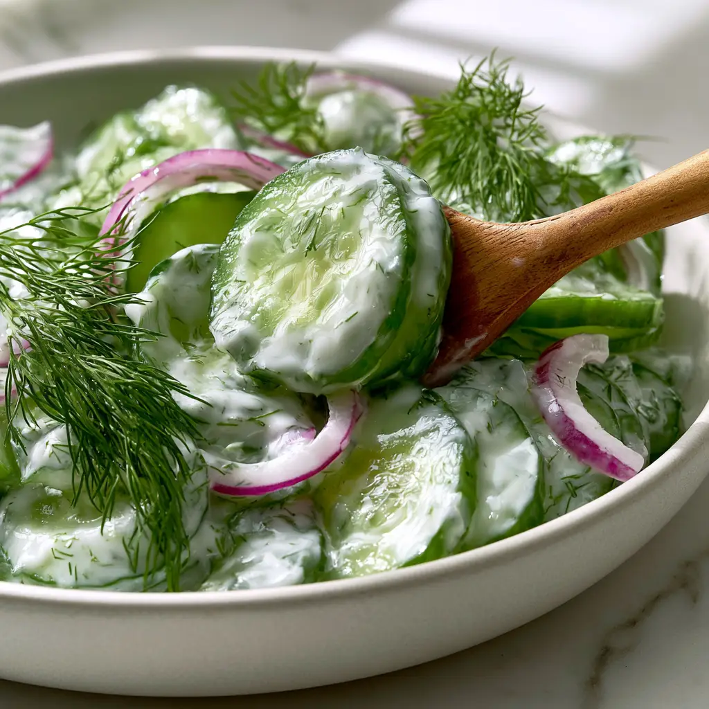 Cucumber Salad with Creamy Greek Yogurt and Fresh Dill 1 Eye-level view of a wooden spoon lifting a crisp slice of cucumber salad from a white ceramic bowl.