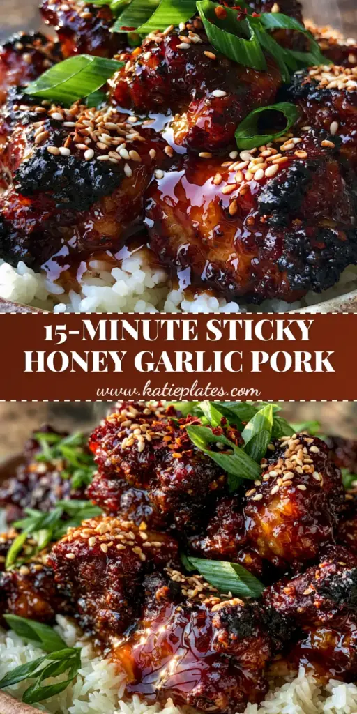 A vertical photo of sticky honey garlic pork bites over jasmine rice, topped with sesame seeds and green onions.