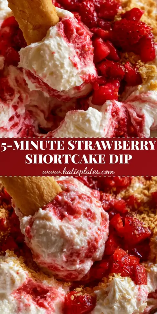 Strawberry Shortcake Dip: The Ultimate Fluffy No-Bake Dessert Recipe 3 A handheld smartphone photo of a white ceramic bowl filled with fluffy strawberry shortcake dip and a golden vanilla wafer dipping into the center. (strawberry shortcake dip)