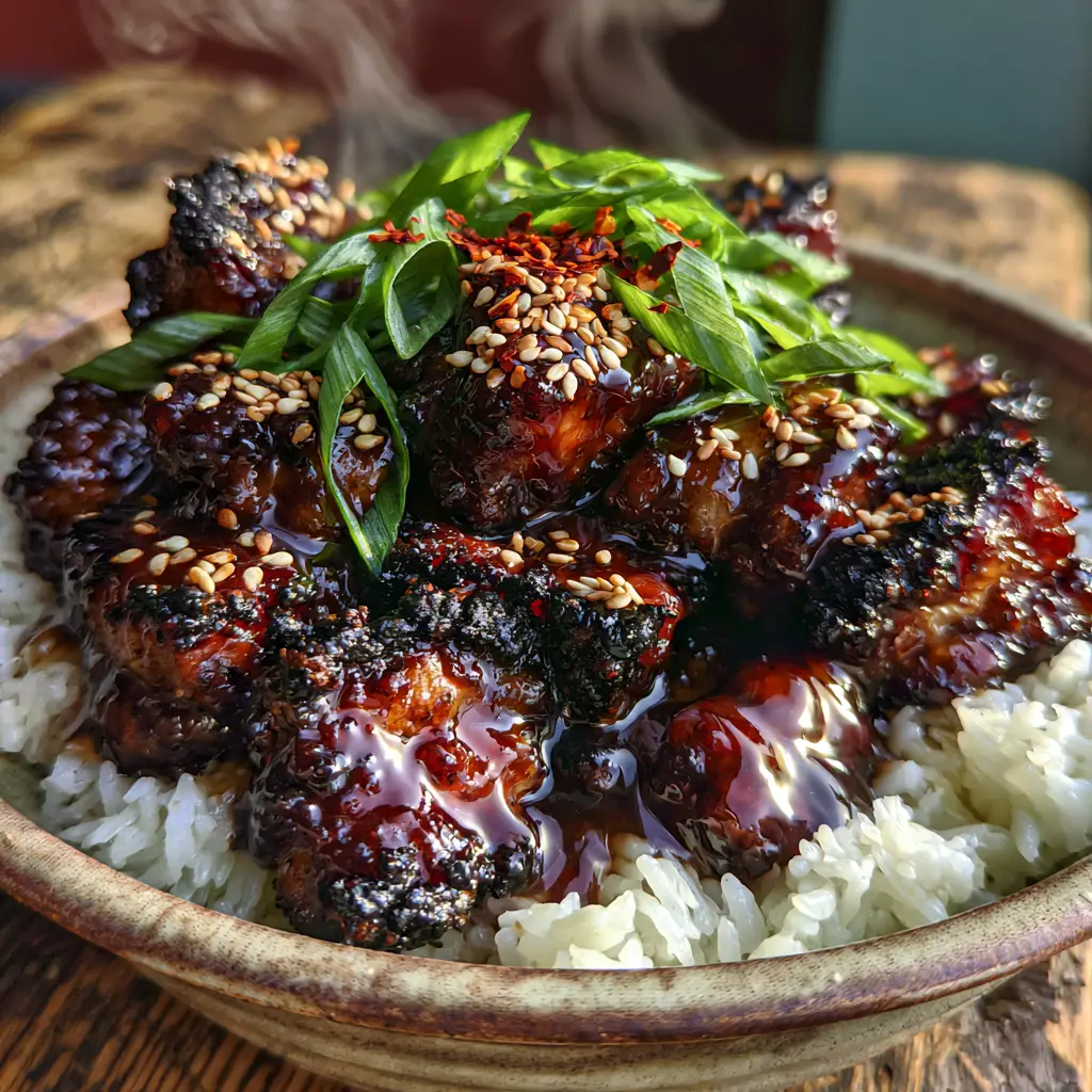A smartphone photo of steam rising from a bowl of honey garlic pork on a rustic wooden table.