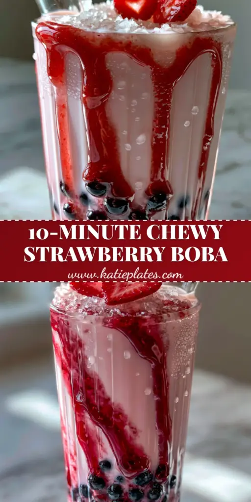 Strawberry Boba: The Ultimate Creamy Pink Milk Tea Recipe 3 A tall glass of strawberry boba with thick crimson syrup tiger stripes, glossy black pearls, and heart-shaped strawberry garnishes.