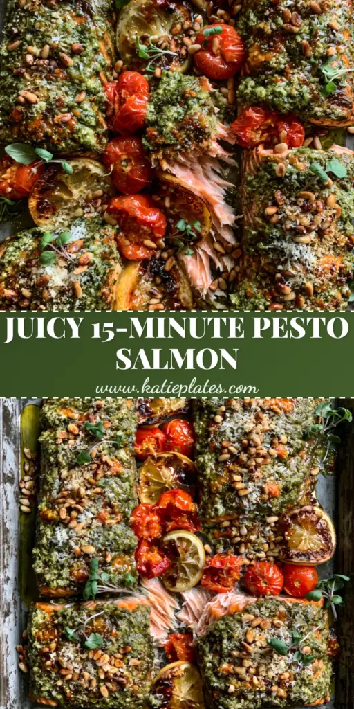 Baked Pesto Salmon with Blistered Tomatoes and Charred Lemons 4 A top-down view of a baking sheet featuring four baked pesto salmon fillets with bubbling emerald crusts, blistered cherry tomatoes, and charred lemon slices.