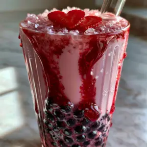 A handheld smartphone photo of strawberry boba in a tall ribbed glass with glossy black pearls at the bottom.