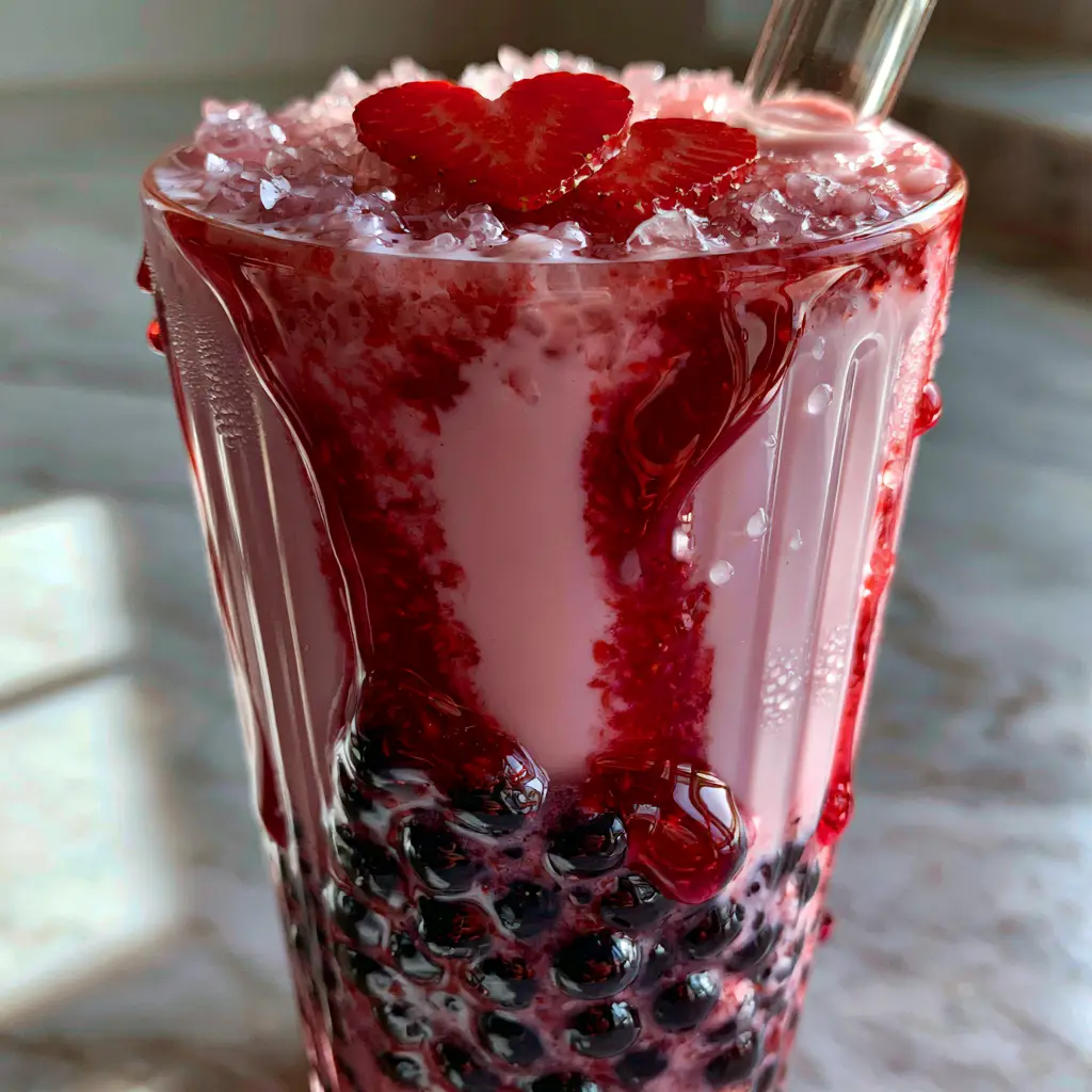 A handheld smartphone photo of strawberry boba in a tall ribbed glass with glossy black pearls at the bottom.