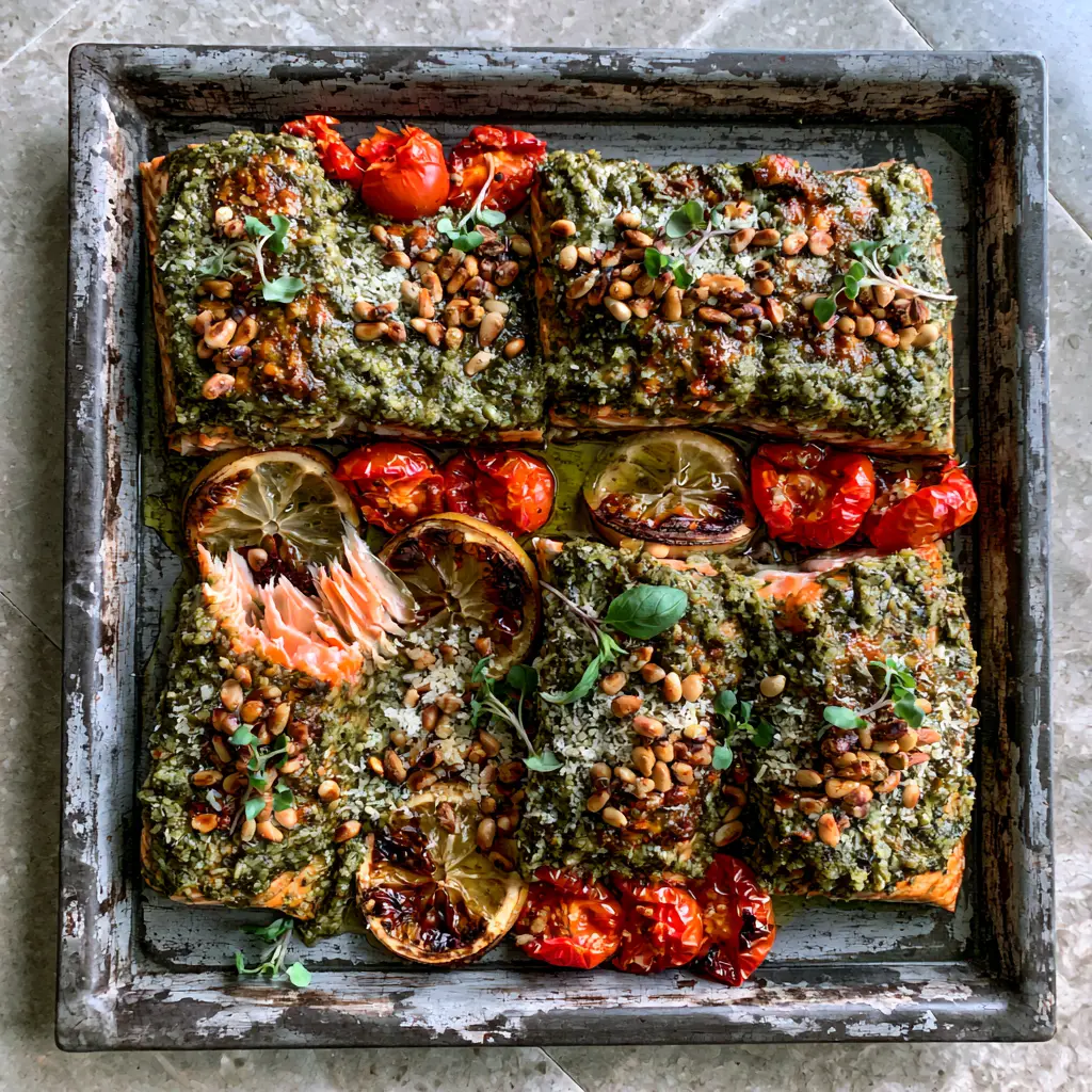 Baked Pesto Salmon with Blistered Tomatoes and Charred Lemons 2 Close up photo of thick juicy baked pesto salmon fillets with a golden bubbling crust and blistered tomatoes.