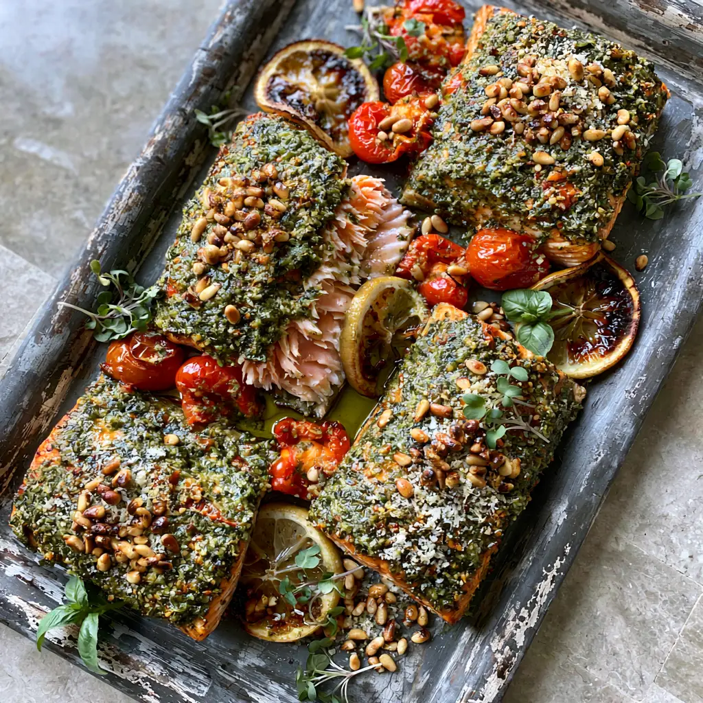 Baked Pesto Salmon with Blistered Tomatoes and Charred Lemons 1 A full sheet pan of baked pesto salmon, charred lemon slices, and burst red cherry tomatoes on a stone countertop.