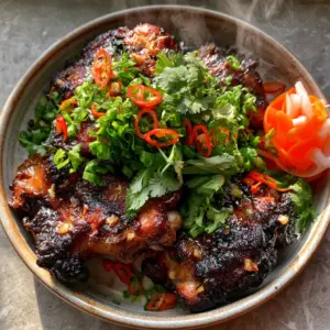 Close up photo of charred Vietnamese Grilled Chicken with lemongrass bits and glistening honey glaze. (Vietnamese Grilled Chicken)
