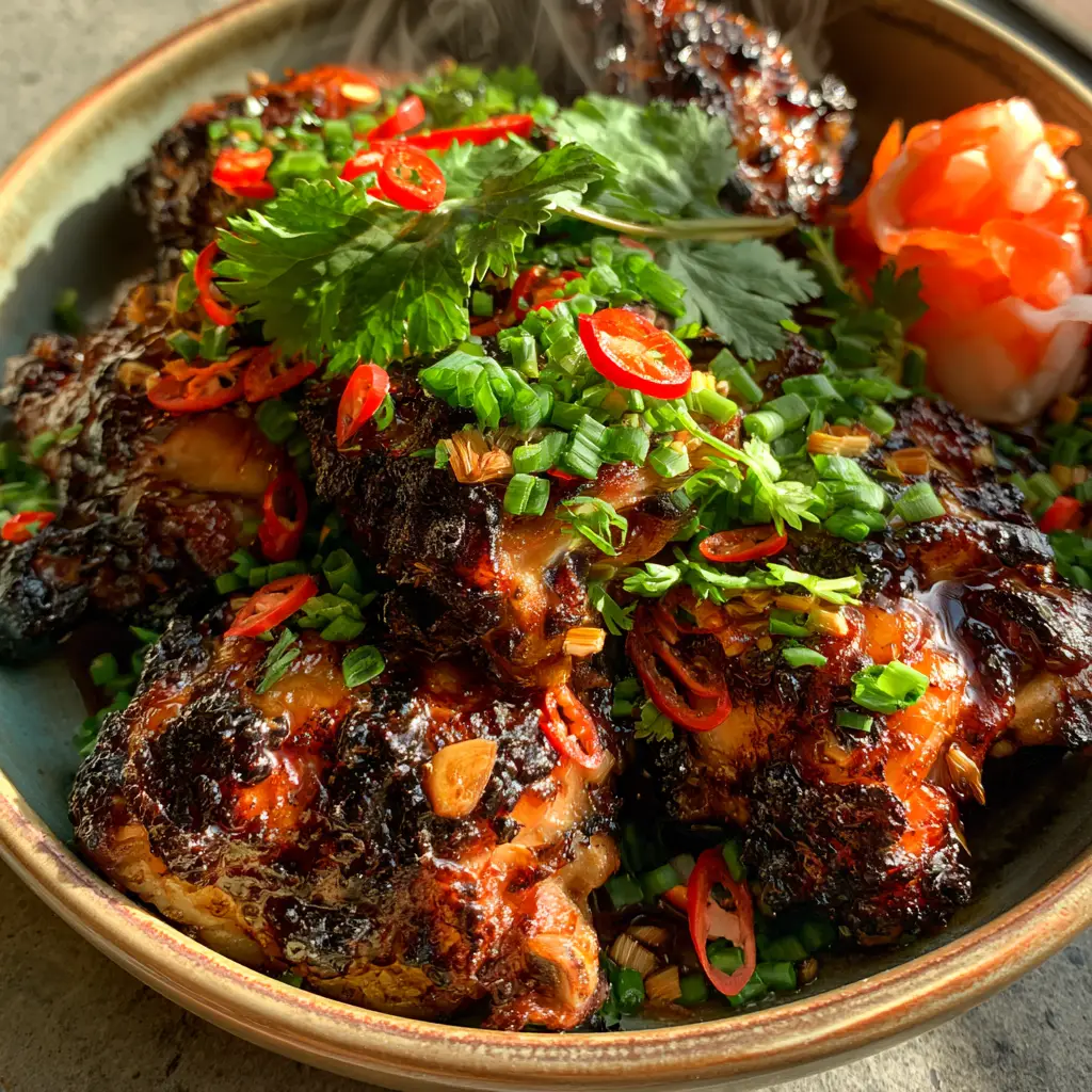 Platter of Vietnamese Grilled Chicken garnished with red chilies, scallions, and a side of pickled daikon and carrots.