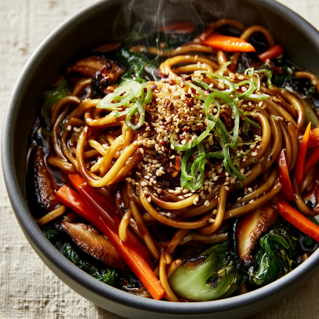 Chinese recipes: The Ultimate Glossy Vegetable Lo Mein with Seared Shiitakes 1 Top-down view of Chinese recipes vegetable lo mein showing charred shiitake mushrooms and julienned carrots.