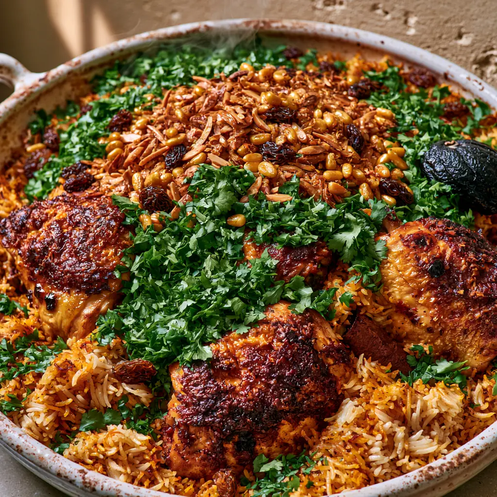 Close up of deeply seared chicken thighs on a bed of golden-orange basmati rice for chicken kabsa.