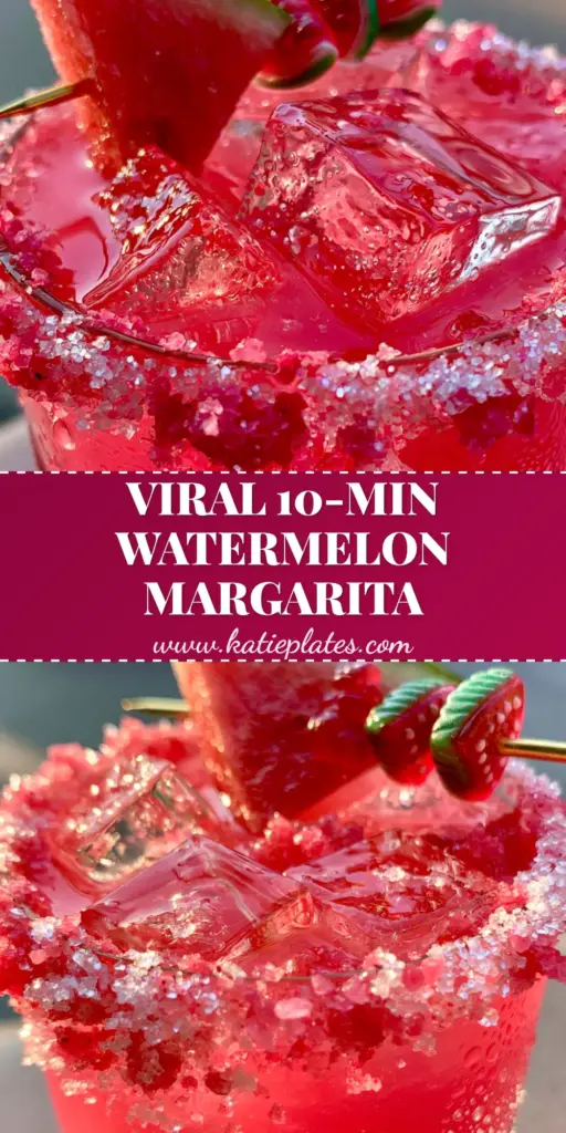 Candied Watermelon Margarita: The Ultimate Neon Pink Summer Cocktail 4 A vibrant neon pink Candied Watermelon Margarita in a heavy glass with a thick pink salt rim, square clear ice, and a gummy candy garnish.