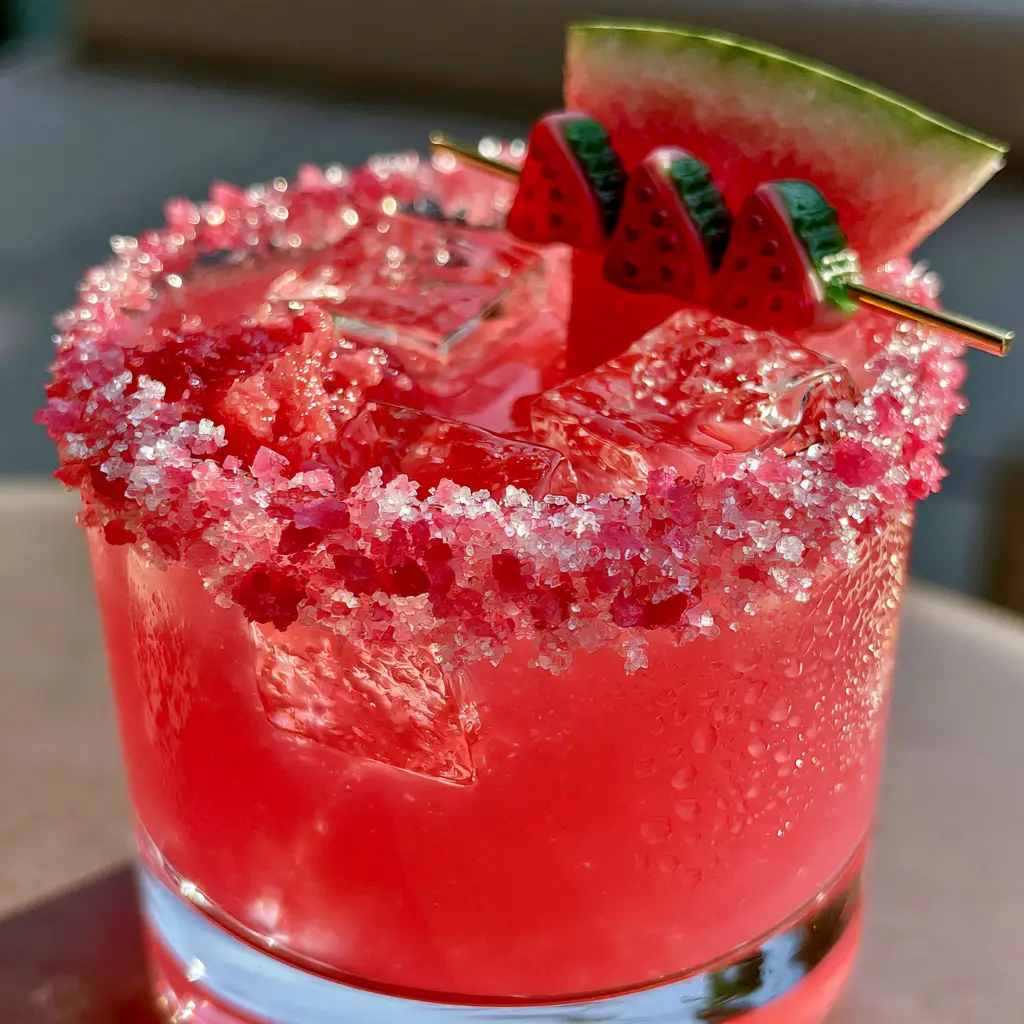 Smartphone photo of a Candied Watermelon Margarita with crystal clear ice cubes and a maximalist gummy garnish in golden hour light.
