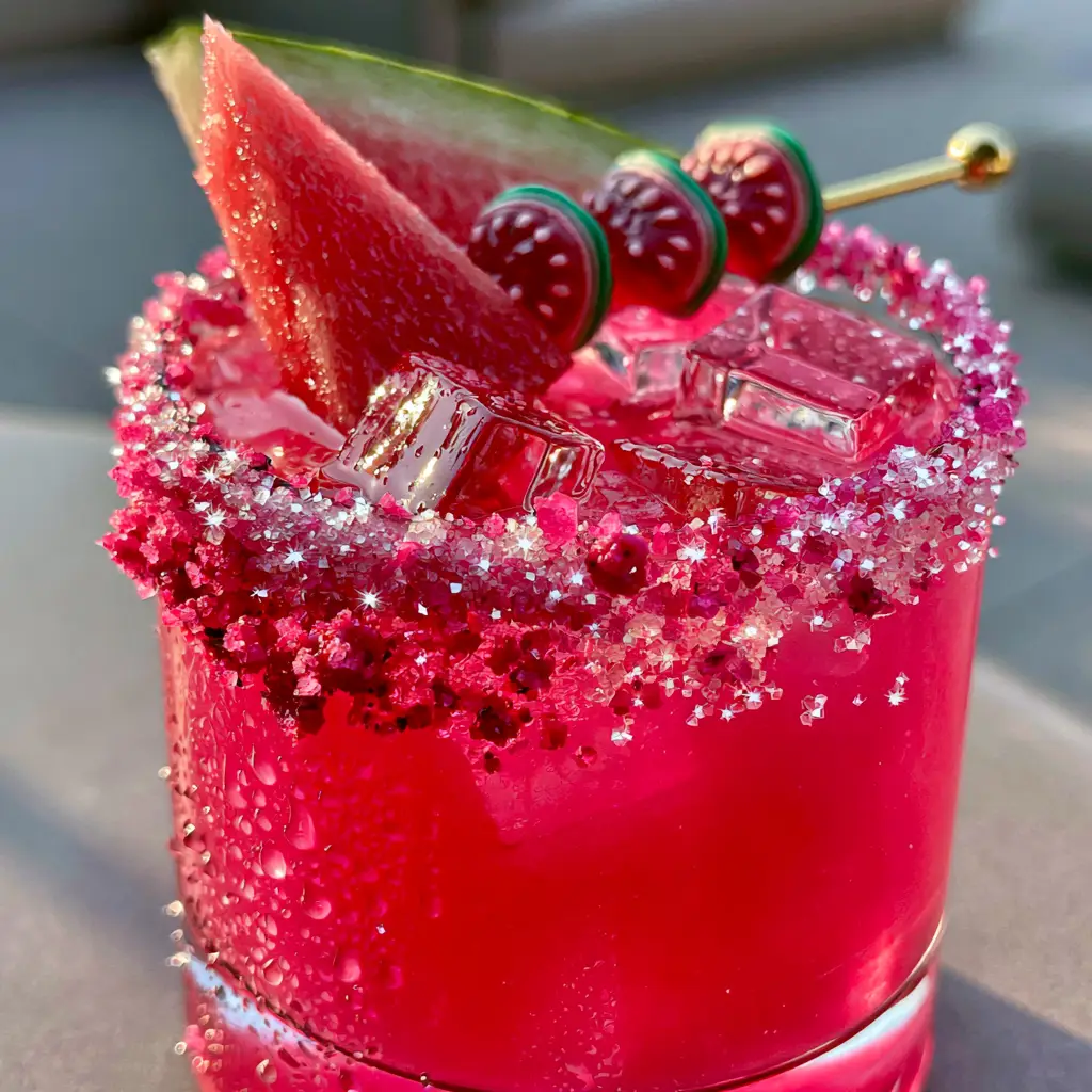 Candied Watermelon Margarita: The Ultimate Neon Pink Summer Cocktail 1 Close up of the jagged pink sea salt and sparkling sugar rim on a Candied Watermelon Margarita glass.