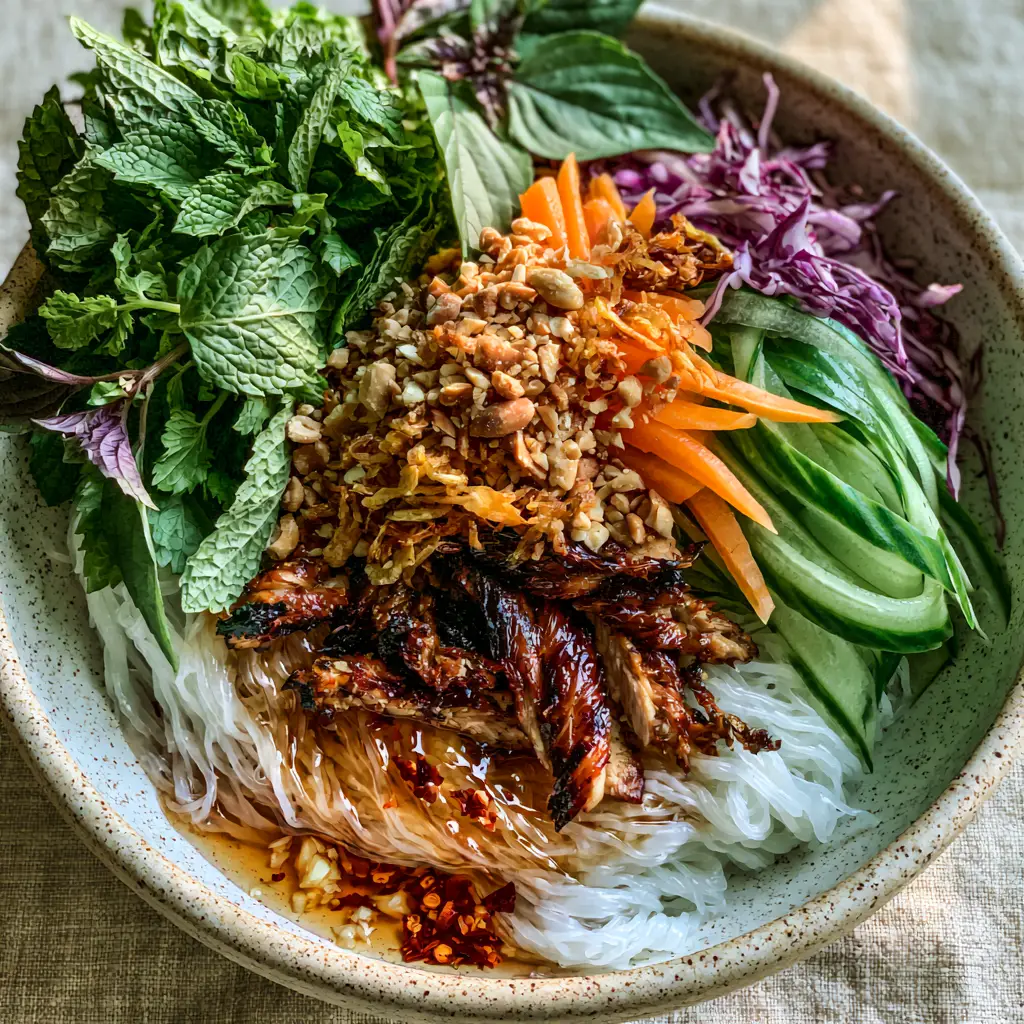Vietnamese Noodle Salad with Charred Lemongrass Chicken 1 Close up of charred lemongrass chicken strips on top of a vibrant Vietnamese Noodle Salad.