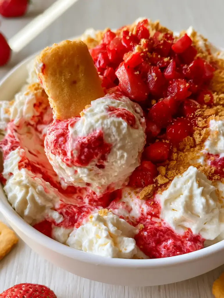 Strawberry Shortcake Dip: The Ultimate Fluffy No-Bake Dessert Recipe 2 Overhead view of a white ceramic bowl filled with whipped strawberry shortcake dip, featuring vibrant red swirls and diced strawberries. (strawberry shortcake dip)