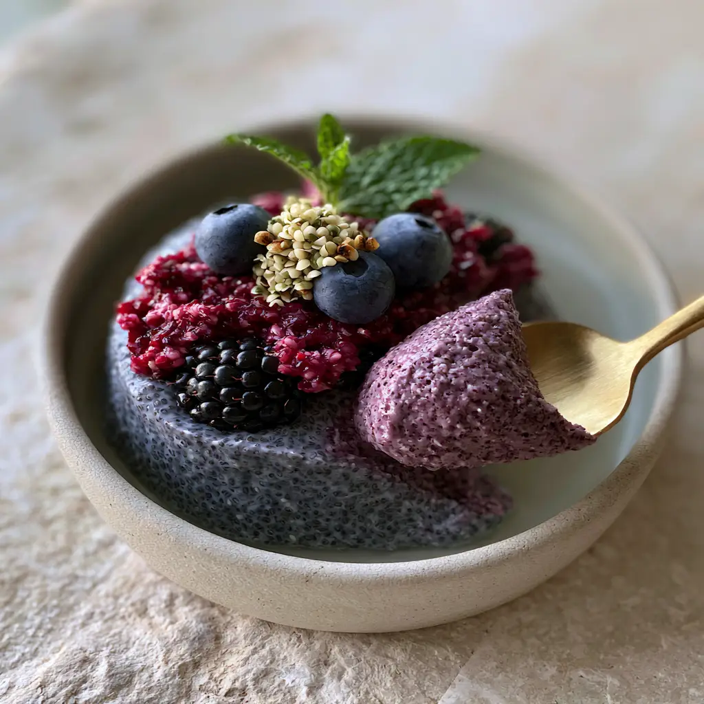 How to Eat Chia Seeds: The Ultimate Blended Coconut Mousse Recipe 2 Close up handheld shot of blended chia pudding showing the thick mousse-like texture. (how to eat chia seeds)
